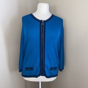 Dressbarn Teal Blue Black 3/4 Sleeve Full Zipper Cardigan Sweater Size 18/20